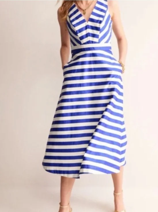 Boden Blue and White Striped V-Neck Midi Dress - Size 14R - Picture 1 of 8